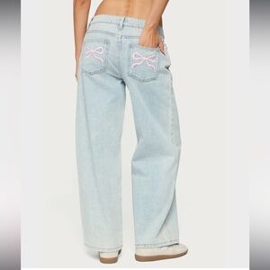 Edikted Light Blue Wide Leg Jeans with Pink Bow Details